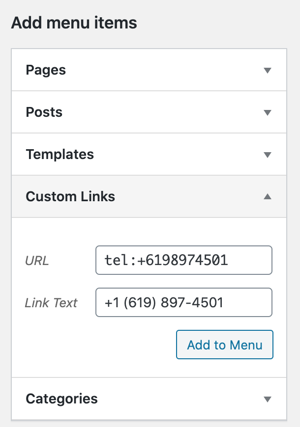 Add clickable phone number in WordPress menu