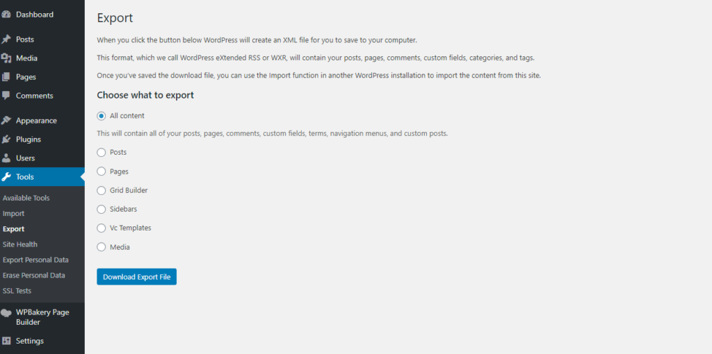 WordPress export tool